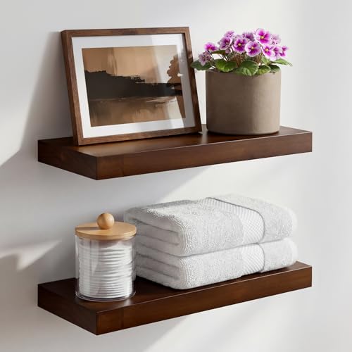 Walnut Floating Bathroom Shelves, High End Solid Real Wood 16 inch Small Floating Shelf for Wall Mounted, Dark Brown 16inch Floating Shelves, Heavy Duty Bracket, 16 X 6.5 X 1.75 in, Set of 2 - color: American Walnut - Satin Dark Tone, size: 16 inch