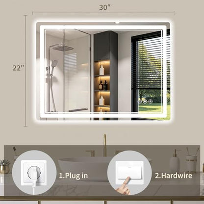 22"x30" LED Bathroom Mirror with Lights, Backlit + Front Lit, Anti-Fog, Lighted Bathroom Mirror for Wall, HD Shatterproof Tempered Glass, Dimmable, Memory Function (Horizontal/Vertical) - size: 30"L x 22"W