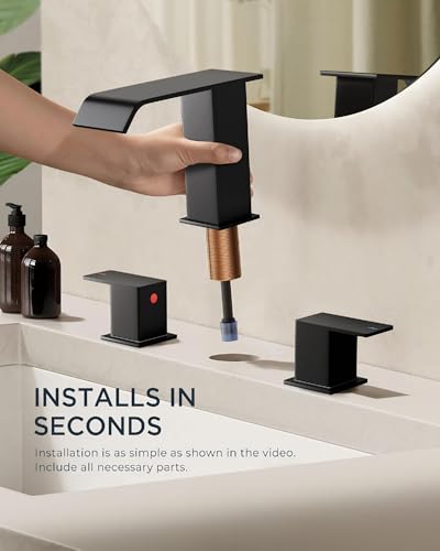 FORIOUS Bathroom Faucet 3 Hole 8" Widespread Sink Faucets Matte Black | 3-hole 4-12 Inch Widespread Sink, Square Waterfall Spout, with Drain and Hoses,for Vanity Rv Commercial Lavatory Restroom - color: Matte Black