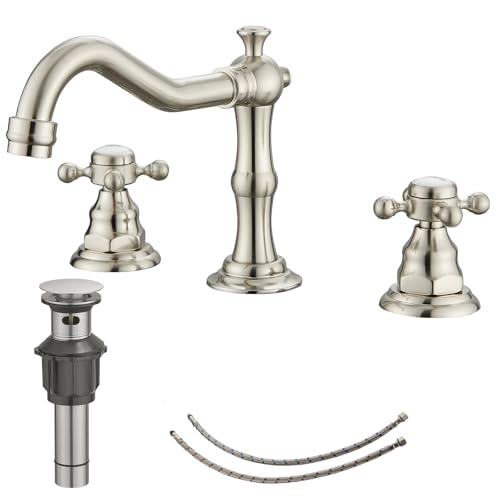 Bathroom Sink Faucet 3 Hole,Brushed Nickel 8 Inch Widespread | Brass,Dual Hot and Cold Handles,Pop Up Drain,Supply Line,Easy to Clean,Simple Installation,Sleek Minimalist,Stain Resistant - color: Brushed Nickel