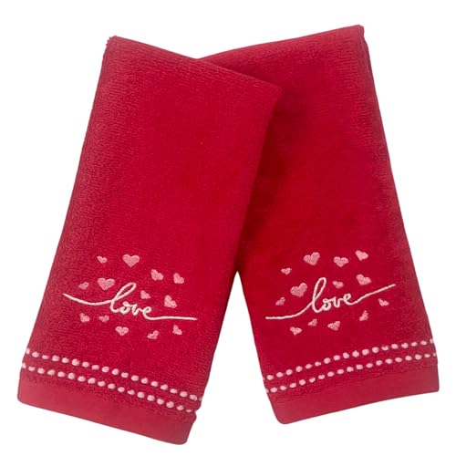 Serafina Home Valentine Bathroom Hand Fingertip Towels- Set of 2, 100% Cotton, Red Embroidered Love with Small Hearts Design- 12" x 18" Inches, Elegant Bath and Kitchen Décor - color: Love Words