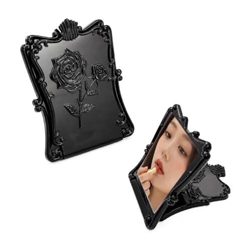Portable Folding Makeup Mirror with Black Rose Frame, Compact Travel Vanity Mirror, Decorative Tabletop Cosmetic Mirror