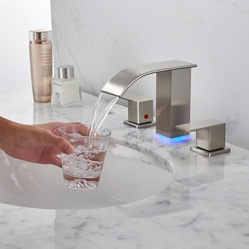 Bathroom faucets 3 Hole Brushed Nickel Vanity Faucet with led Waterfall Bathroom Faucet 3 Hole Sink Faucet Bathroom 8 inch Widespread Modern Parts Touch on 2 Handle - color: Brushed Nickel