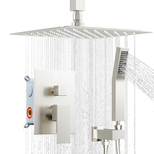 Shower System Shower Faucet Set, STARBATH 12" Ceiling Mount Rain Shower Head and Handheld Spray for Two Person, Shower Faucet Set with Diverter Valve and Trim Kit Complete,Brushed Nickel