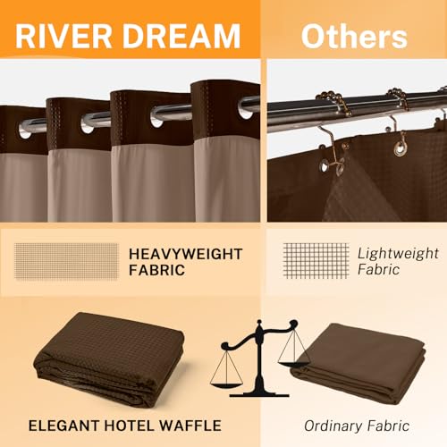River Dream No Hooks Shower Curtain with 2 Snap in Liner, Brown, 71Wx74H | Waffle Weave, 1 Attached Snap in Liner and 1 Extra Replacement Liner, Bathroom Curtains Shower Set, Hotel Grade, Spa Like - color: Brown