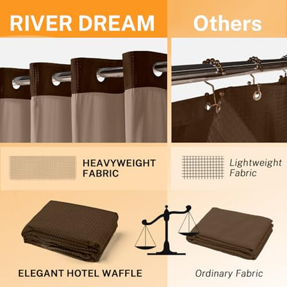 River Dream No Hooks Shower Curtain with 2 Snap in Liner, Brown, 71Wx74H | Waffle Weave, 1 Attached Snap in Liner and 1 Extra Replacement Liner, Bathroom Curtains Shower Set, Hotel Grade, Spa Like - color: Brown