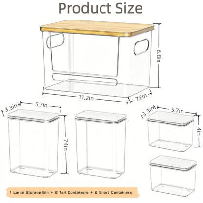 5-in-1 Under Sink Organizer with Trash Bag Dispenser & Acrylic Containers, Clear Laundry Pod & Dishwasher Pod Storage, Bamboo Lid Kitchen Pantry Organization
