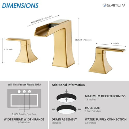 Brushed Gold Waterfall Bathroom Faucet, Sanliv 2-Handle Widespread Bathroom Faucet for 3-Hole Sinks 4-8 inch, Modern Vanity Faucets with Pop Up Drain, Champagne Bronze - color: Brushed Gold