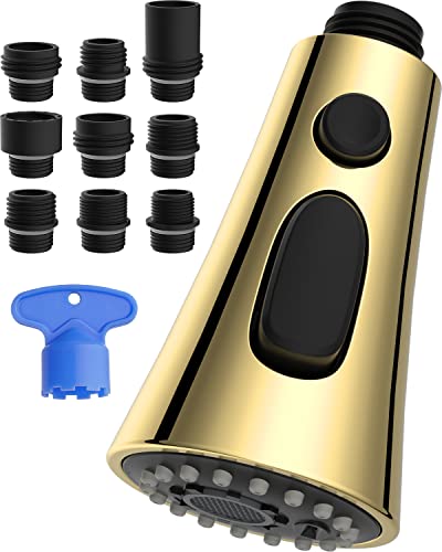 Hibbent 3-Function Pull Down Kitchen Faucet Head Replacement with 12 Adapters, NSF/ANSI/CAN 61 & CUPC Certified Sink Spray Nozzle, Compatible with Moen, Delta, Kohler Faucets, Polished Brass - color: Polished Brass