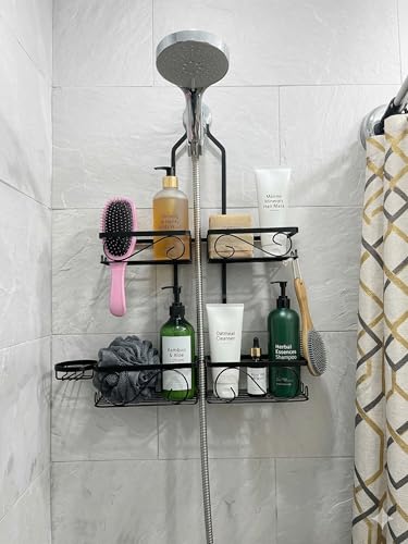 Adjustable Shower Caddy Hanging Rustproof Shower Caddy for Handheld Showerheads, Shower Organizer with Hooks Soap Holder Toothbrush Holder, Anti-Swing Shower Rack Bathroom Accessories, Black (Black)