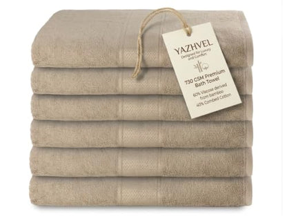 Bamboo Viscose Bath Towel Set Terry - Pack of 6 - Taupe - 30 x 60 in – 60% Viscose Derived from Bamboo 40% Cotton – 730 GSM Plush & Soft Feel - Oeko-TEX Certified - Spa-Luxe Drying Comfort - color: Taupe