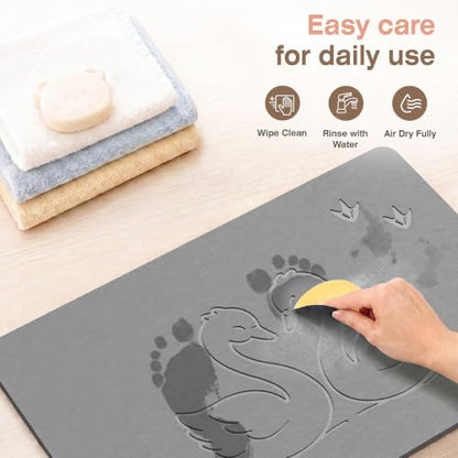 AWW Stone Bath Mat, Diatomaceous Earth, Swan Pattern | Quick-dry diatomaceous earth, One-piece stone mat, Non-slip underpad, Easy clean, animal pattern.