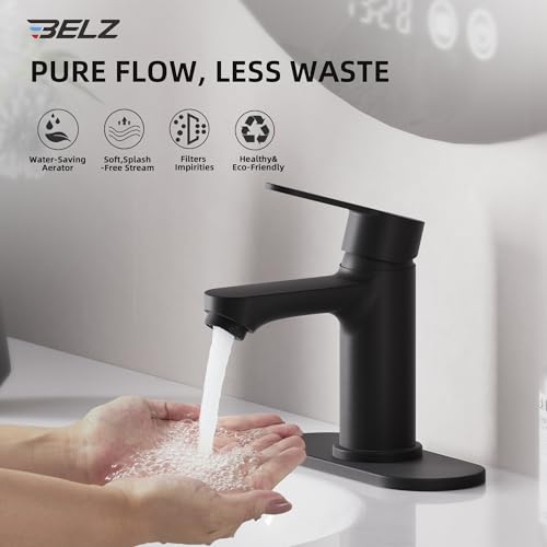 BELZ Black Bathroom Faucet, Lead-Free for 1 or 3 Hole 4" Vanity Sink | NSF372 Compliant,Anti-peeling PVD Finish,Includes Pop-up Drain & Hoses,Single Handle Modern Design, Easy DIY Install - color: Matte Black