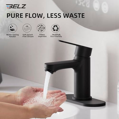 BELZ Black Bathroom Faucet, Lead-Free for 1 or 3 Hole 4" Vanity Sink | NSF372 Compliant,Anti-peeling PVD Finish,Includes Pop-up Drain & Hoses,Single Handle Modern Design, Easy DIY Install - color: Matte Black