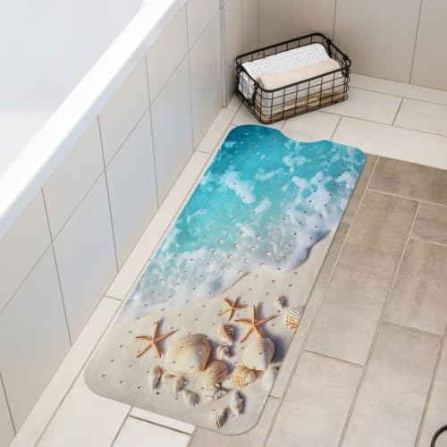 LNOND Summer Beach Bathtub Mat Non Slip, 40 X 16 Inch Tub Mat for Bathroom, Coastal Beaches Bath Tub Shower Mat with Drain Holes and Suction Cups - color: Coastal Beaches Bathtub Mat