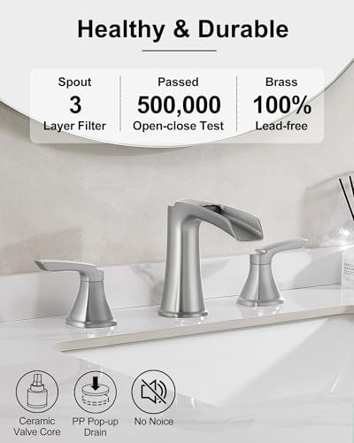 Brushed Nickel Bathroom Faucets, Brass Widespread Waterfall Faucet for Bathroom Sink, 3 Hole Bathroom Sink Faucet, 8 Inch 2 Handle Bathroom Vanity Faucets with Pop-up Drain for Lavatory RV - color: Brushed Nickel