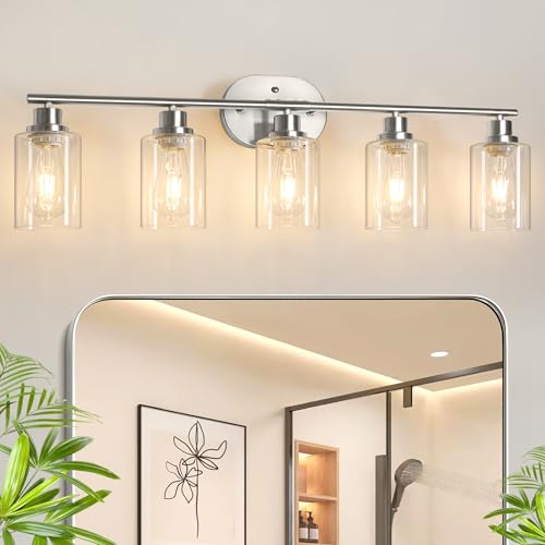 Bathroom Light Fixtures, 5 Light Vanity Lights for Bathroom, Brushed Nickel Wall Lamp with Clear Glass for Mirror, Living Room, Hallway, Cabinet, E26 Base - color: Matt Nickel, size: 5 Light