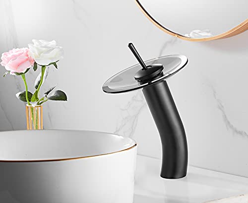 Waterfall Black Bathroom Vessel Faucet Glass Spout 360° Swivel Single Handle One Hole Solid Brass Bowl Faucet Bath Lavatory Vessel Sink Vanity Tall Body for Above Counter Sink | Bowl Sink Faucet Bath Lavatory Vessel Sink Vanity Tall Body for Above Counter