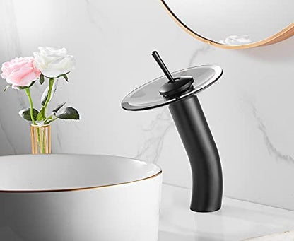 Waterfall Black Bathroom Vessel Faucet Glass Spout 360° Swivel Single Handle One Hole Solid Brass Bowl Faucet Bath Lavatory Vessel Sink Vanity Tall Body for Above Counter Sink | Bowl Sink Faucet Bath Lavatory Vessel Sink Vanity Tall Body for Above Counter