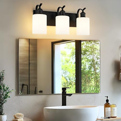 Black Vanity Light, 3-Light Bathroom Light Fixture, Modern Wall Sconce with Milk Glass, VL01BKW-3 - color: Black & Milk Glass, size: 3 LIGHT
