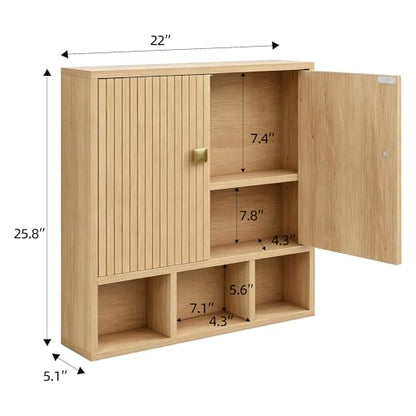Bathroom Wall Cabinet,Wooden Medicine Cabinet with Fluted Doors Over The Toilet Storage Cabinet with Adjustable Shelf for Bathroom (Wood) - color: Wood Block