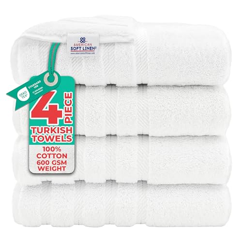 American Soft Linen 100% Cotton Luxury Turkish Towels, 4 PC Bath Towel Set | Soft Absorbent Quick Dry OEKO Tex Standard 100 Certificated Durable Machine Washable Premium Hotel Quality - color: Bright White, size: 27"x54"