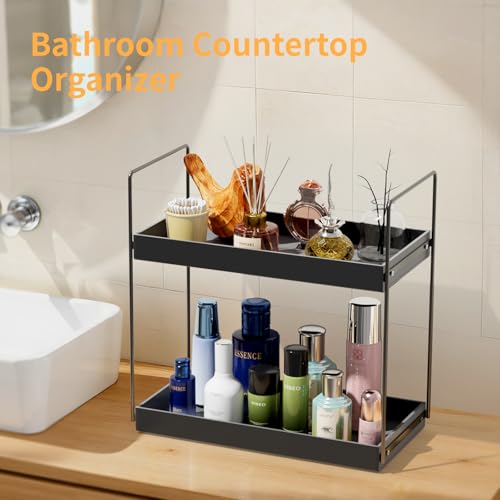 NPPLUS Bathroom Countertop Organizer, 2 Tier Metal Vanity Counter Skincare Shelf, Matte Black, 13.6"L x 6.9"W x 13.8"H | Metal Vanity Counter Skincare Shelf, Under Sink Standing Rack, Home Storage Holder For Lotion Makeup Cosmetics Perfume Spice - color: