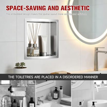 VELPAX No Tile Needed Shower Niche 12"X 12", Bathroom Wall Niche Single Shelf, Stainless Steel Shower Niche for Bathroom, Kitchens, Balconies - color: Silver, size: 12"X 12" Single Shelf