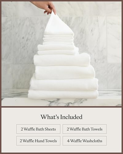Cozy Earth Complete Waffle Bath Bundle, 60% Cotton 40% Viscose from Bamboo | Quick Dry and Ultra-Soft Waffle Weave Bath Towels, 4 Washcloths, 2 Hand Towels, 2 Bath Towels, 2 Bath Sheets, White - color: White
