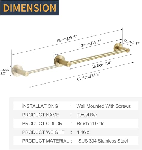 BESy Adjustable Towel Bar Towel Racks for Bathroom Rod Wall Mounted Gold | Adjust 15" to 26" Rustproof, Stainless Steel Towel Holder, Wall Mounted for Bathroom Accessories, Heavy Duty, Space Saving - color: Brushed Gold