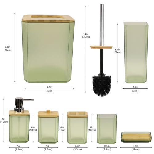 CERBIOR Bamboo Bathroom Accessories Set 7 Piece Bath Ensemble,Green | Includes Soap Dispenser, Toothbrush Holder, Toothbrush Cup, Soap Dish for Decorative Countertop and Housewarming Gift - style: Green
