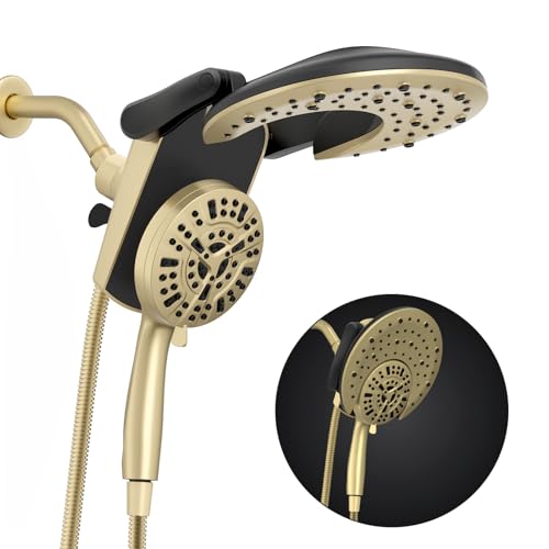Foldable Rainfall Shower Head 9 Spray Settings/Modes Handheld Showerheads | High Pressure Shower Heads with Handheld Spray Combo, Built-in Magnetic Docking, Power Jets, Stainless Steel Shower Hose - color: Gold