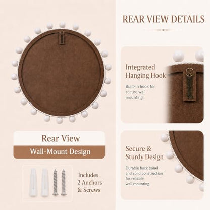30" Round Rope Wall Mirror with 2 in Whitewashed Wood Beads | Soft white coastal farmhouse style, handwoven cotton rope frame for entryway, living room, bedroom, bathroom, powder room.