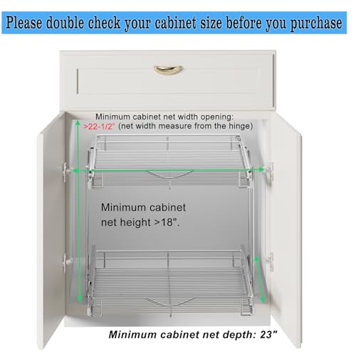 DINDON Pull Out Cabinet Organizer (22-1/2" W x 21-1/2"D), Cabinet Pull Out Shelves, 2 Tier Pull Out Drawers for Kitchen Cabinets, Wire Basket Slide Out Shelf, Pot and Pan Organizer - size: 22-1/2" W X 21-1/2" D