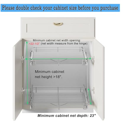 DINDON Pull Out Cabinet Organizer (22-1/2" W x 21-1/2"D), Cabinet Pull Out Shelves, 2 Tier Pull Out Drawers for Kitchen Cabinets, Wire Basket Slide Out Shelf, Pot and Pan Organizer - size: 22-1/2" W X 21-1/2" D