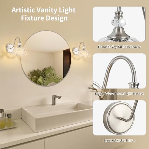 1 Piece Brushed Nickel Wall Sconce with Flower Shade | Brushed Nickel Wall Sconce,Flower Glass Shade,E26 Base,for Bathroom,Living Room,Bedroom - color: Nickel, size: 1-Light