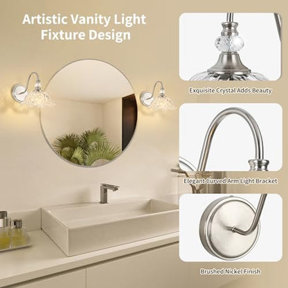 1 Piece Brushed Nickel Wall Sconce with Flower Shade | Brushed Nickel Wall Sconce,Flower Glass Shade,E26 Base,for Bathroom,Living Room,Bedroom - color: Nickel, size: 1-Light