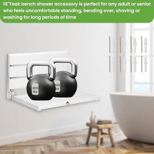 Wall Mounted Shower Seat – 16IN Teak Fold Down Shower Seat for Elderly, Disabled & Pregnant Women – Sturdy Shower Benches for Inside Shower with 400LB Capacity – 2026 Premium White Shower Bench - color: White