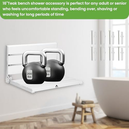 Wall Mounted Shower Seat – 16IN Teak Fold Down Shower Seat for Elderly, Disabled & Pregnant Women – Sturdy Shower Benches for Inside Shower with 400LB Capacity – 2026 Premium White Shower Bench - color: White