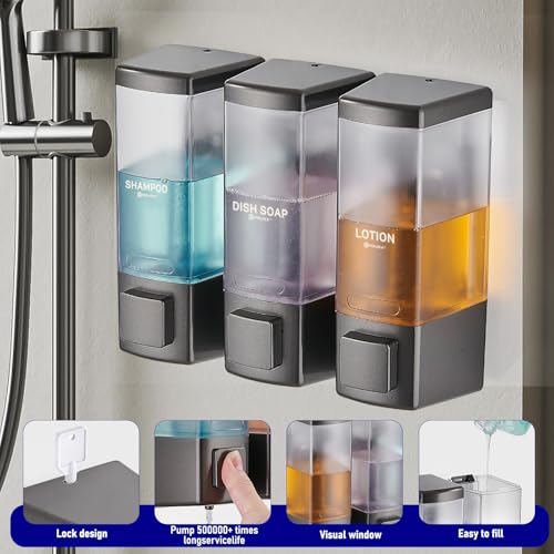 Pollock Shampoo and Conditioner Dispenser 3 Chamber * 500ML | Shower Soap Dispenser Wall Mounted, Body Wash Dispenser No Drill, Refillable Shower Dispenser for Bathroom - color: Blk-zt-53-gun3