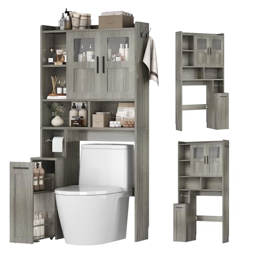 ELYKEN Over The Toilet Storage Cabinet with Pulley Bathroom Storage Cabinet, Home Space-Saving Over Toilet Rack with Glass Doors & Adjustable Open Shelf for Bathroom, Restroom, Laundry, Grey - color: Grey