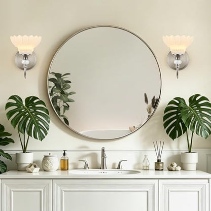 1 Piece Brushed Nickel Finish Wall Sconce, 1-Light Modern Wall Sconce with Hanging Crystal Accents and Flower-Shaped White Shades for Bathroom Bedroom Living Room,Modern Vanity Light - color: Nickel and White, size: 1-Light