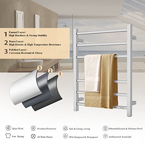 Towel Warmer Polished Chrome for Bathroom Wall Mounted Bath Towel Heater Plug-in Electric Heated Towel Rack Stainless Steel Square 6 Bars Drying Rack ETW13C 68W 26.77x20.47x4.13 inches