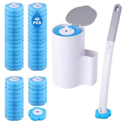 wlich Disposable Toilet Brush Set with 48 Refills, Wall Mount Holder | Flexible Scrubbing Head, Hygienic Toilet Cleaning, Wall-Mounted Storage for Homes, Apartments, Dorms, Offices, Hotels - color: White+grey - 48 Refills
