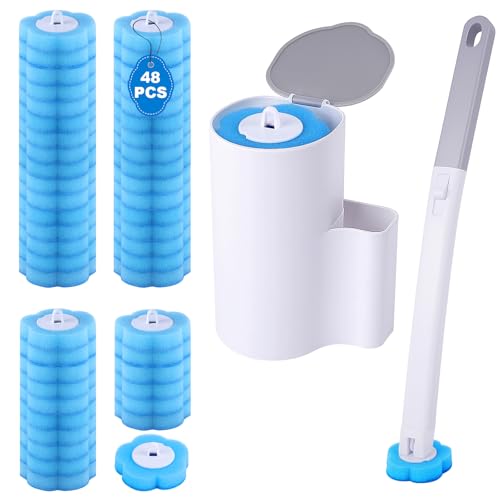 wlich Disposable Toilet Brush Set with 48 Refills, Wall Mount Holder | Flexible Scrubbing Head, Hygienic Toilet Cleaning, Wall-Mounted Storage for Homes, Apartments, Dorms, Offices, Hotels - color: White+grey - 48 Refills