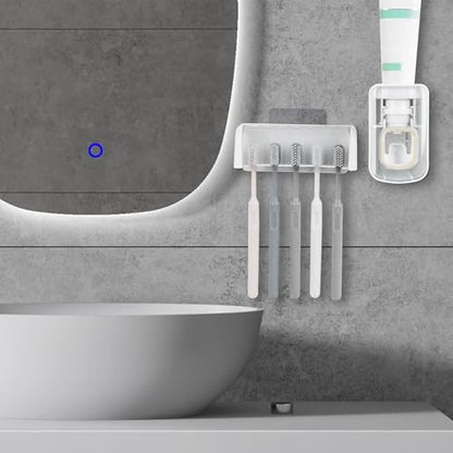 5 Slots Wall Mount Toothbrush Holder with Cover, Self Adhesive Toothbrush Storage Organizer for Shower, Toothbrush Hanger with Automatic Toothpaste Squeezer Dispenser - color: White Combination