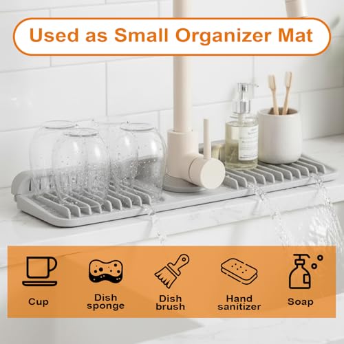 Faucet Mat for Kitchen Sink, Silicone Sink Splash Guard with 1 Crevice Cleaning Brush and 100 Kitchen Sink Strainer Mesh Bags,7°Slope Fast Self-draining, Fast Drying Tidy Faucet Mat Splash Guard,Gray