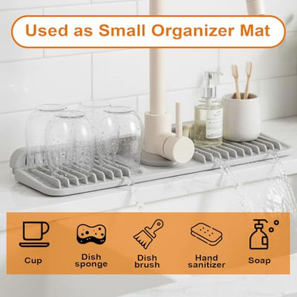 Faucet Mat for Kitchen Sink, Silicone Sink Splash Guard with 1 Crevice Cleaning Brush and 100 Kitchen Sink Strainer Mesh Bags,7°Slope Fast Self-draining, Fast Drying Tidy Faucet Mat Splash Guard,Gray