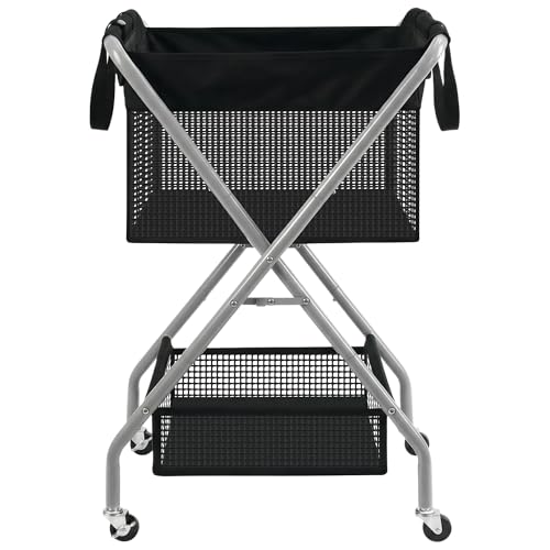 STO STO 2-Tier Foldable Laundry Cart with Wheels, 75L Tall Rolling Laundry Hamper, Collapsible Laundry Basket with Removable Bag, Rust-Resistant Steel Frame for Laundry Room, Bathroom, Dorm, Black