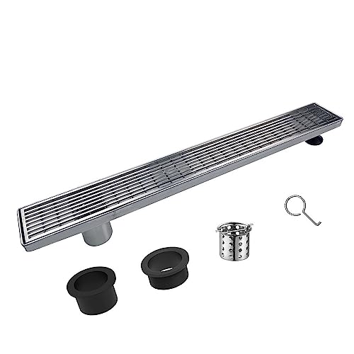 Akitbahome 36-inch Offset Side Outlet Linear Shower Drain with Grate Cover,Brushed Stainless Steel Rectangle Shower Floor Drain with Adjustable Leveling Feet